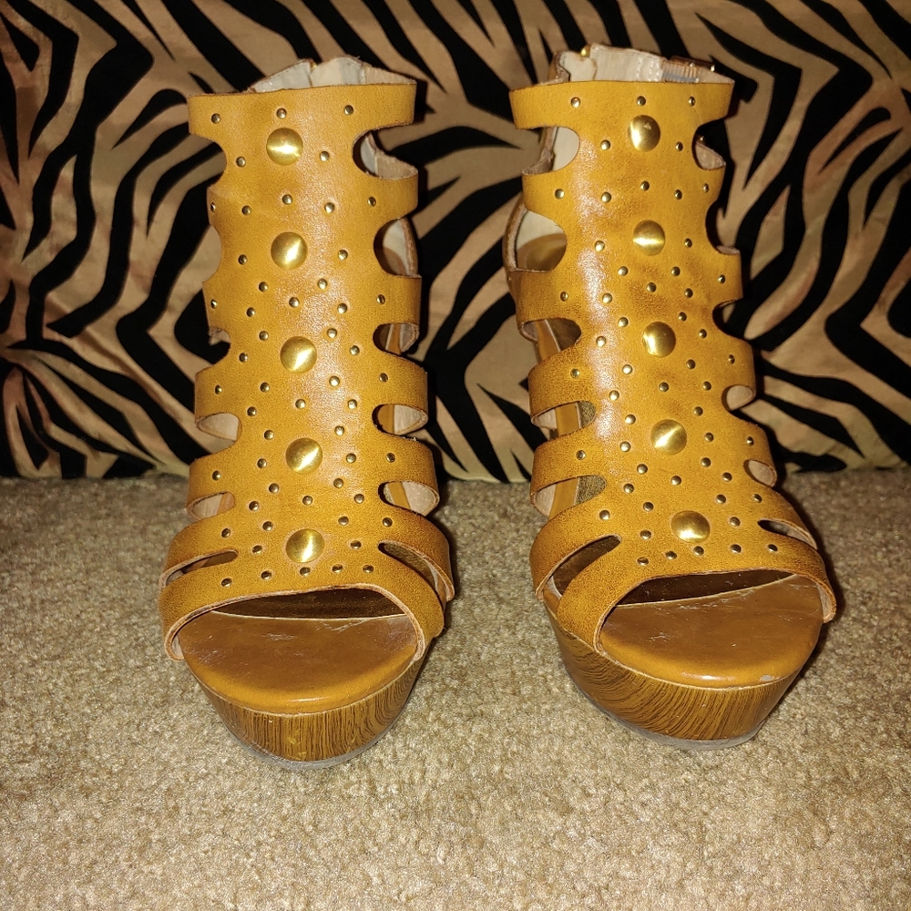 Tan wedges, gently worn,